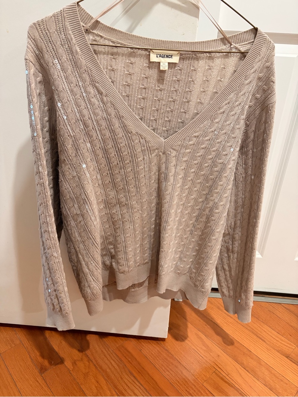 L'AGENCE Taupe Cable-Knit V-Neck Sweater with Sequin Detail